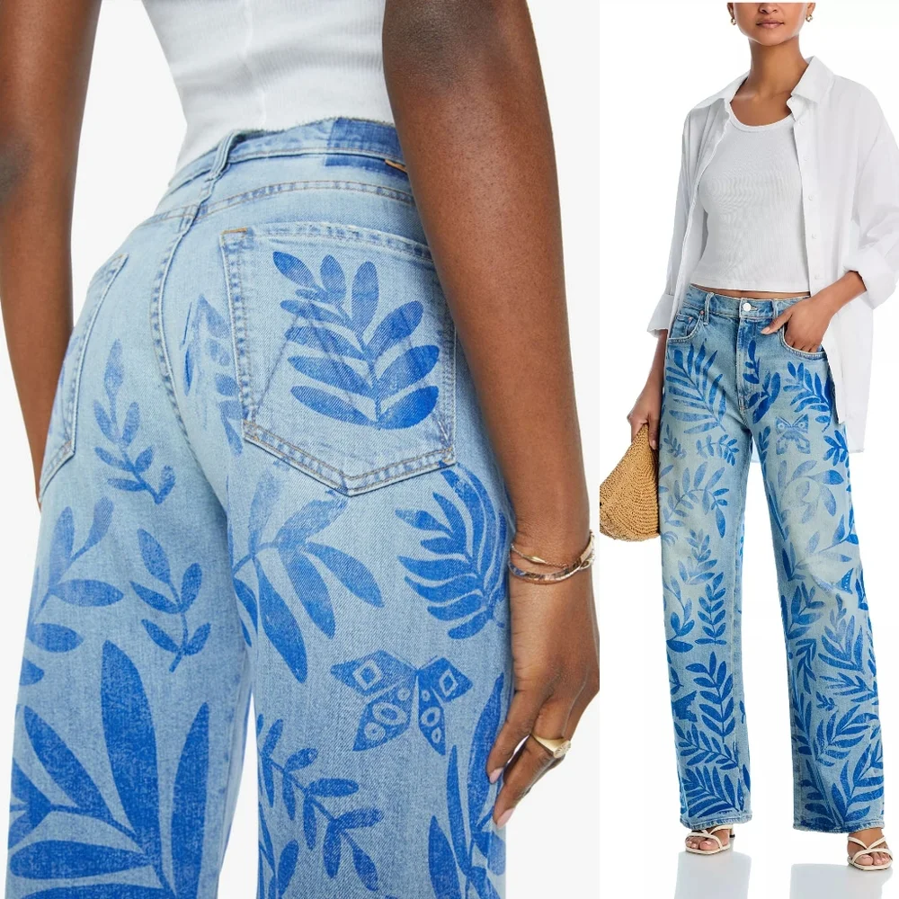 NWT Mother Denim The Lasso Sneak Jeans Pressed Leaves 29 Blue Painted Denim Jean - Picture 6 of 16